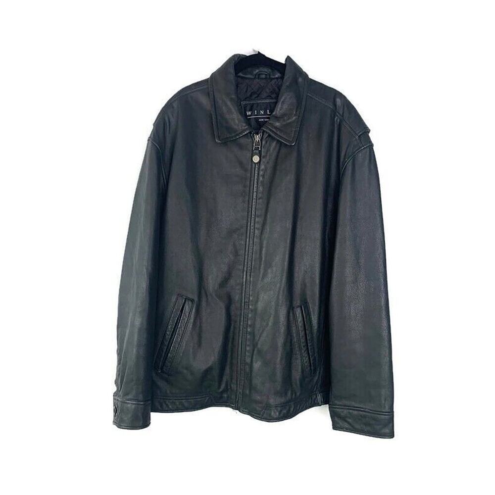 Winlit Mens Black Leather Jacket XL With Zipper Closure & Side Pockets